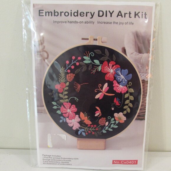 DIY Embroidery Art Kit Dark Navy Dragonfly Florals New - Picture 1 of 10